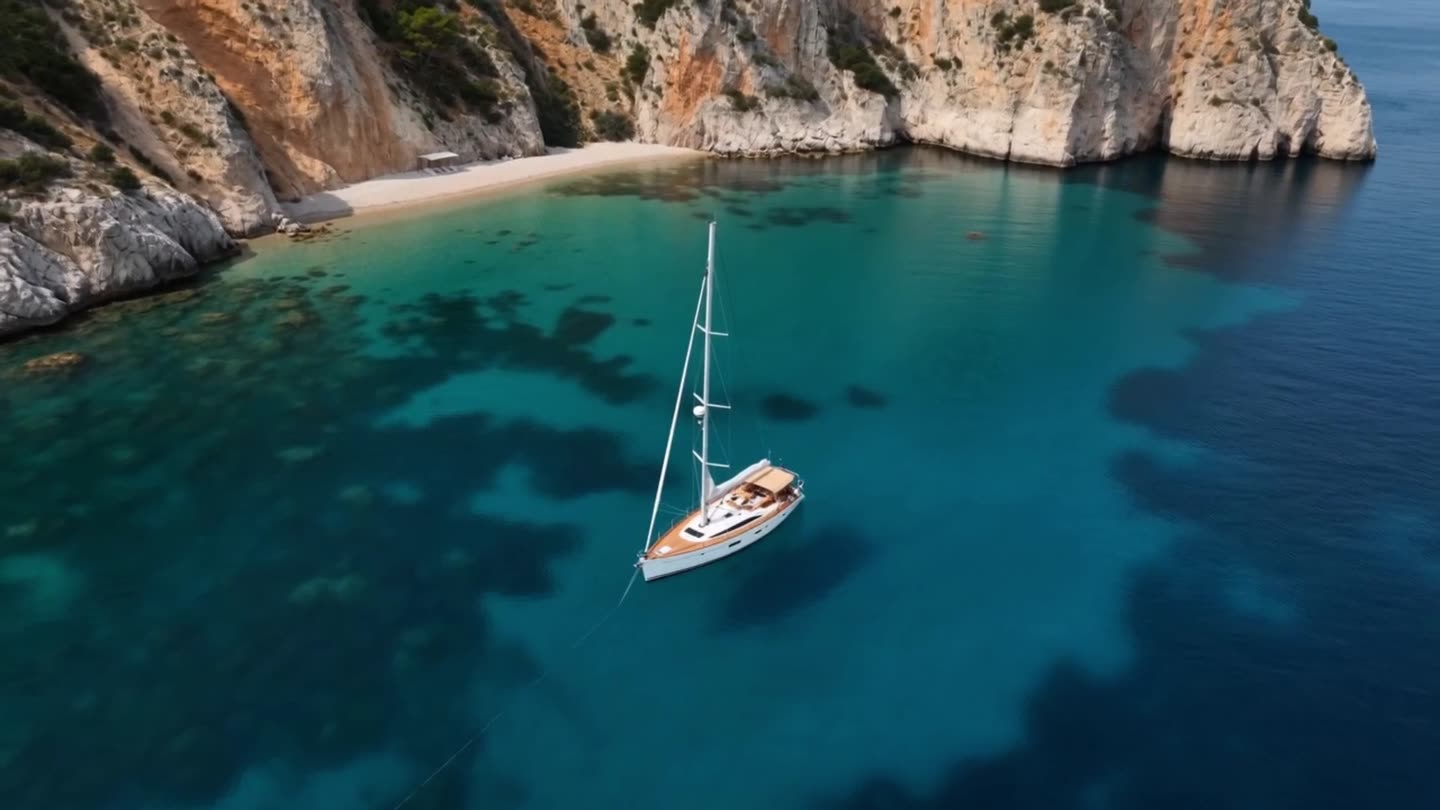 A sailing boat at anchor in a turquoise bay, seen from above