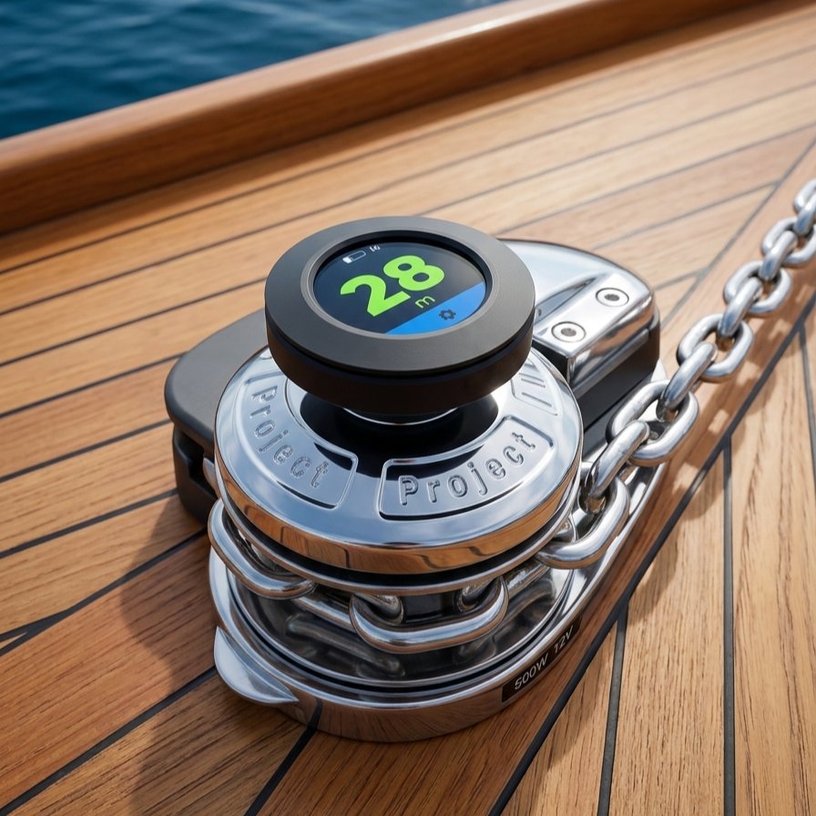 AnkerSepp mounted on an anchor windlass, the display showing 28 metres of chain paid out